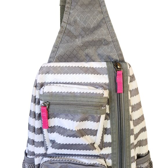 Thirty One Sling Bag  Adjustable Backpack Gray & White Stripe Pink Lining - Picture 3 of 13